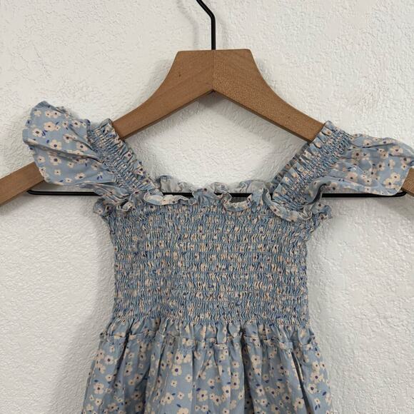 Quince Toddler Floral Ruffle Cotton Poplin Smocked Dress Blue Ditsy Daisy 3T - Picture 3 of 8